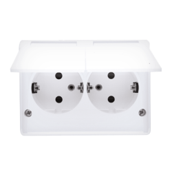 Gniazdo wtyczkowe podwójne z uziemieniem typu Schuko z przesłonami torów prądowych - w wersji IP44 - wersja skandynawska (kompletny produkt) 16A 250V, zaciski śrubowe, biały